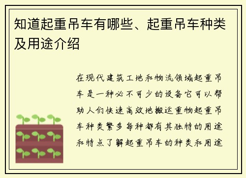 知道起重吊车有哪些、起重吊车种类及用途介绍